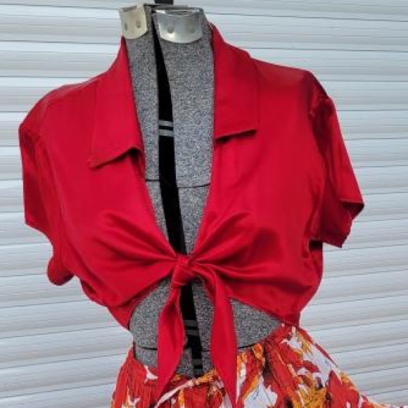 Tie Front red satin top - Picture 1 of 3